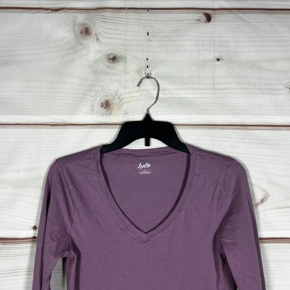 Aveto V-Neck Long‎ Sleeve Top Women Large Purple Solid Cotton Blend Tee Basic